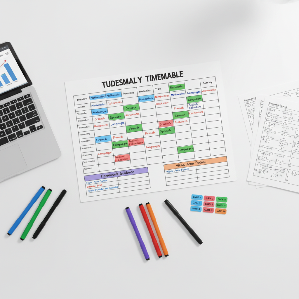 An overhead, photographic view of a tutoring planning board on a clean white desk, featuring a weekly timetable grid filled with neatly handwritten subject blocks for mathematics, science, and languages, as well as dedicated “Homework Guidance” and “Weak Area Focus” sessions. Around the board are color-coded markers, adhesive tabs labeled with different classes from 1 to 10, and printed math practice sheets with neatly solved examples. A slim laptop sits open to a simple bar chart showing student progress. Soft, even overhead lighting minimizes harsh shadows, keeping everything legible and crisp. The composition is flat-lay, balanced and symmetrical, conveying a systematic, professional, and organized approach to personalized tuition and time management.