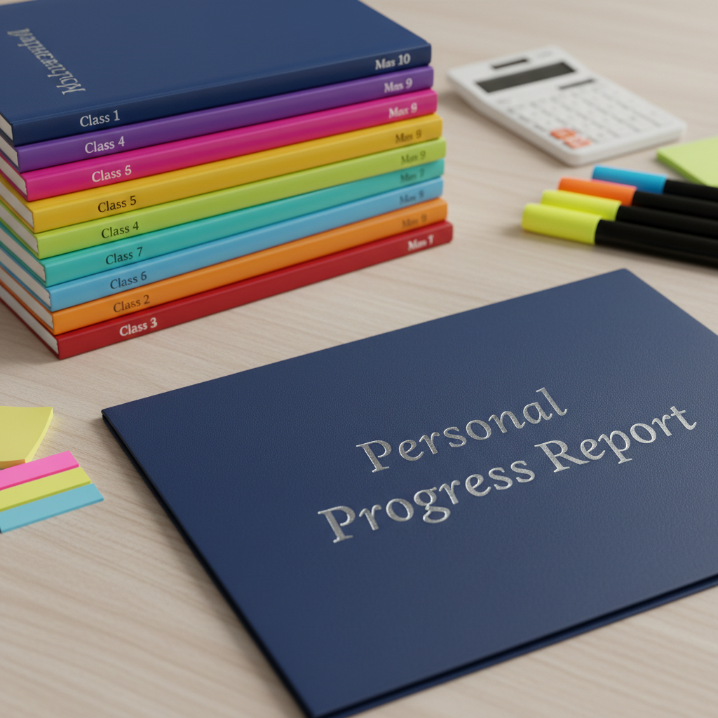 A close-up, photographic view of a neat stack of mathematics workbooks for different grade levels, each with distinct, brightly colored covers labeled from Class 1 to Class 10. Next to them lies a smooth, dark-blue folder embossed with the words “Personal Progress Report” in silver lettering. A set of color-coded sticky notes, highlighters, and a simple calculator are arranged precisely on a light wooden table. Soft studio-style lighting creates clean highlights on the glossy workbook covers and gentle shadows along the table’s grain. Shot from a slightly elevated angle with shallow depth of field, the focus rests on the “Personal Progress” text while the surrounding materials subtly blur, evoking a sense of careful tracking, personalization, and academic rigor.
