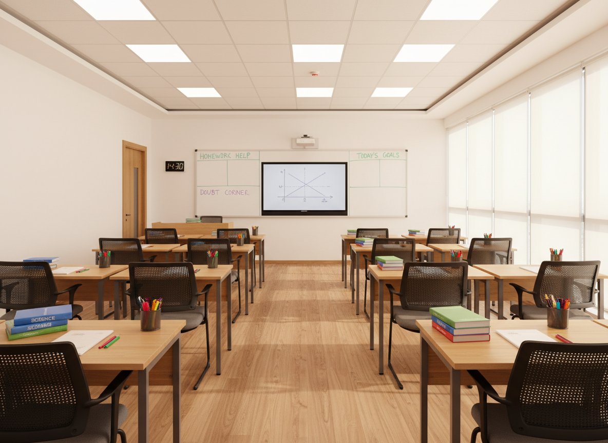 A bright, well-equipped tuition center classroom with rows of individual desks, each set with stacked textbooks for science, math, and language, plus neatly arranged stationery. At the front, a large whiteboard is divided into sections labeled “Homework Help”, “Today’s Goals”, and “Doubt Corner”, written in clean, colorful markers. A digital wall clock and a sleek wall-mounted screen displaying a math graph add a modern touch. Natural afternoon light floods in through tall windows with subtle blinds, complemented by even, warm ceiling lighting. The photographic composition is wide-angle from the back of the room, keeping everything in sharp focus to emphasize structure and organization, conveying a professional, disciplined, and welcoming learning environment.