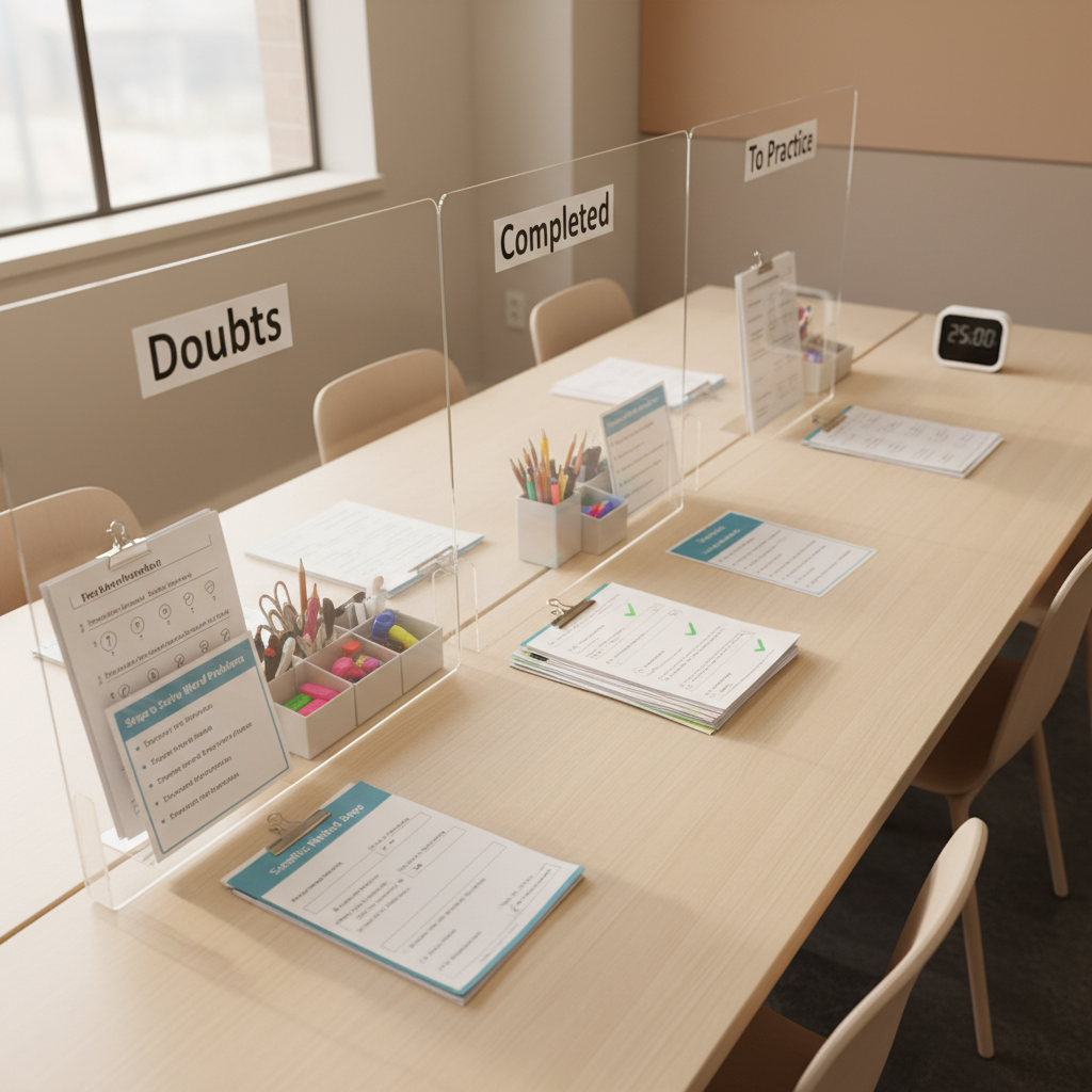A homework support station in a tuition center, featuring a long, light-wood table divided into labeled sections with small desk organizers marked “Doubts”, “Completed”, and “To Practice”. Each section contains neatly clipped worksheets with math word problems, grammar exercises, and science questions. Beside them are simple reference guides, such as a laminated “Steps to Solve Word Problems” card. A small, unobtrusive digital timer sits at one end of the table. The scene is lit by even, warm overhead lights and soft window light from the side, photographed at a diagonal angle to show depth, keeping all elements in focus. The mood is methodical and encouraging, suggesting structured, guided homework time and independent practice.