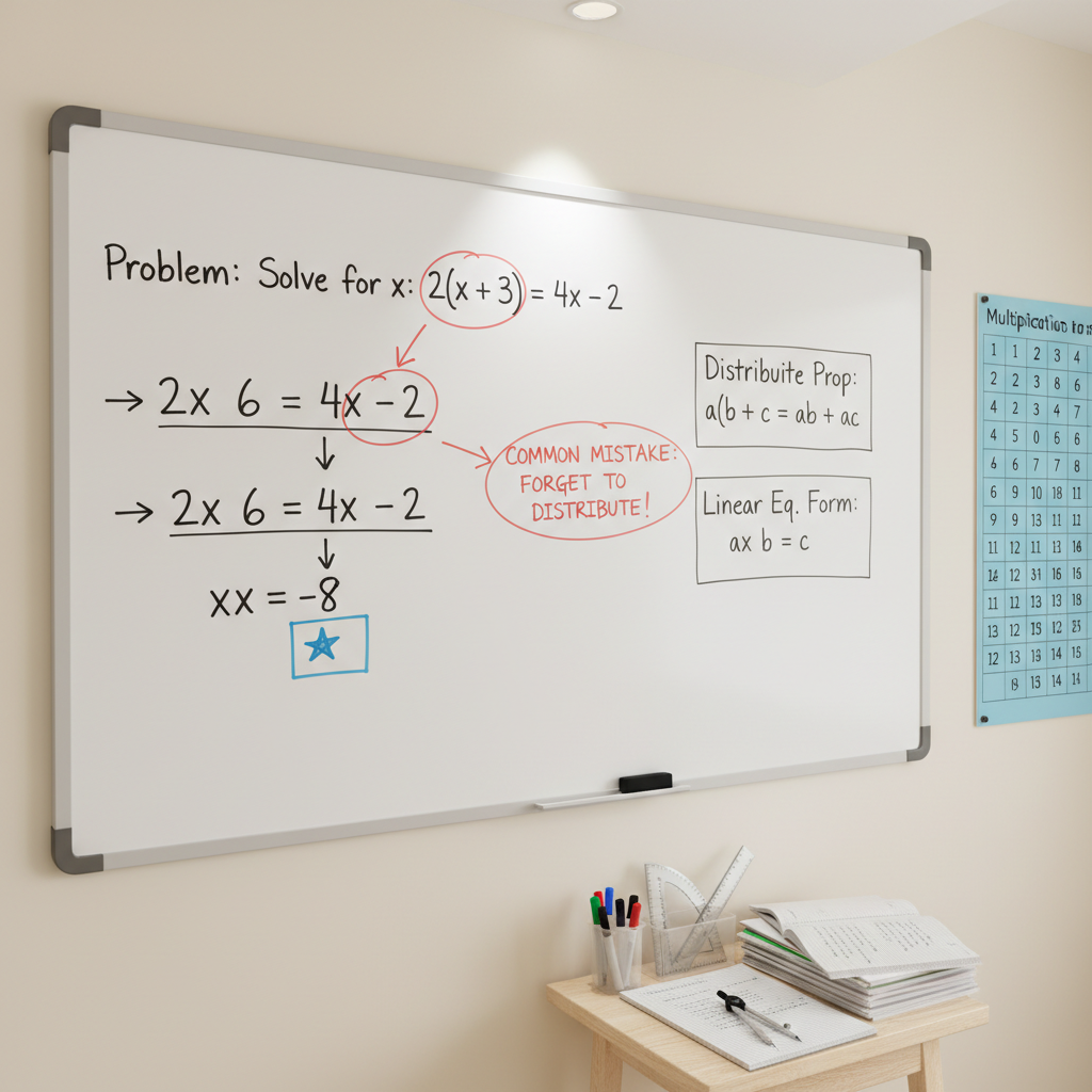 A detailed mathematics corner inside a tuition center, showing a large wall-mounted whiteboard filled with clearly structured steps for solving an algebra problem, neatly boxed formulas, and color-coded annotations highlighting common mistakes. Below the board stands a small, tidy side table holding a set of geometric instruments, a transparent box of color-coded markers, and a stack of grid notebooks. The surrounding walls are plain and light-colored, with a subtle poster illustrating multiplication tables. Photographic realism with soft, focused overhead lighting illuminates the board without glare, making each line of writing sharp and readable. Captured from a slightly angled, eye-level perspective, the scene feels intensely academic yet approachable, emphasizing clarity of explanation and focused concept-building.