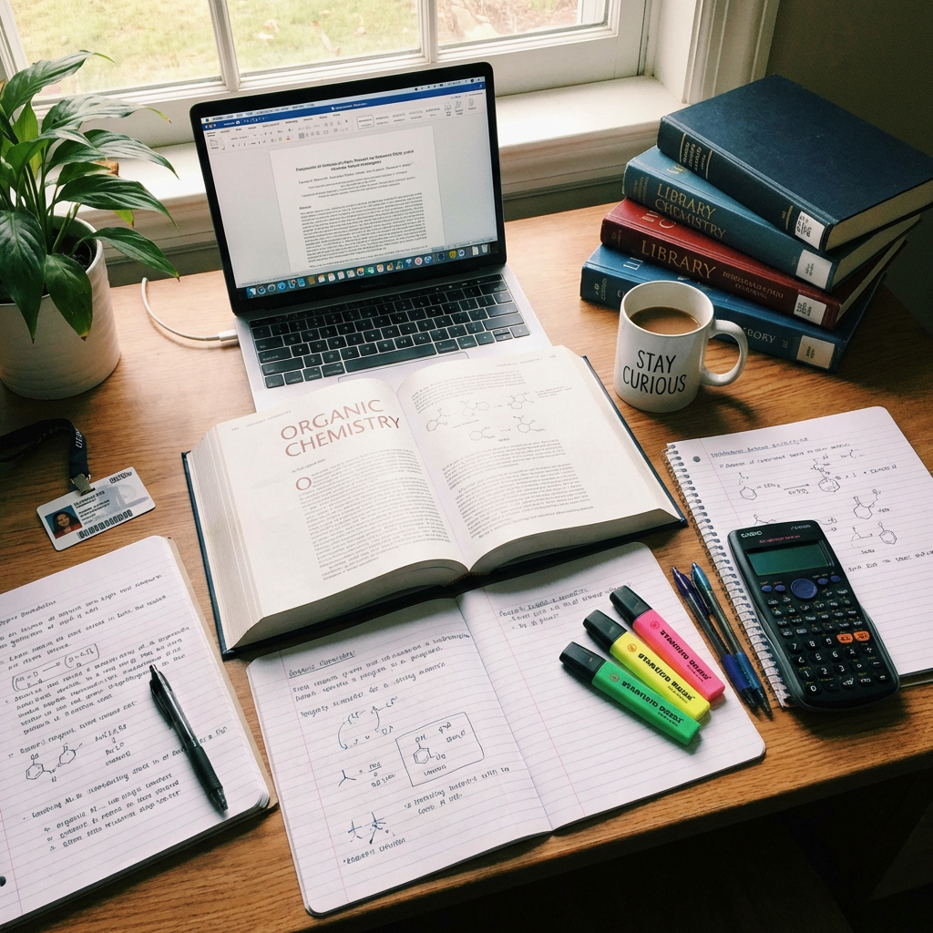 Desk with laptop, open organic chemistry textbook, handwritten notes, highlighters, and coffee mug.